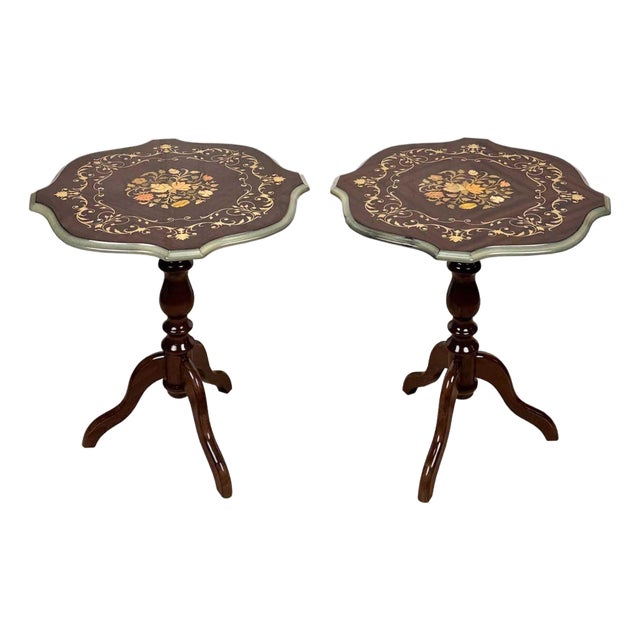 Vintage Italian Rococo Floral Marquetry Fruitwood TurtleTop Side Tables - A Pair For Sale