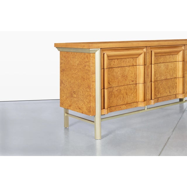 Mid-Century Modern 1960s Vintage Burl Wood and Brass Dresser by j.l. Metz For Sale - Image 3 of 13