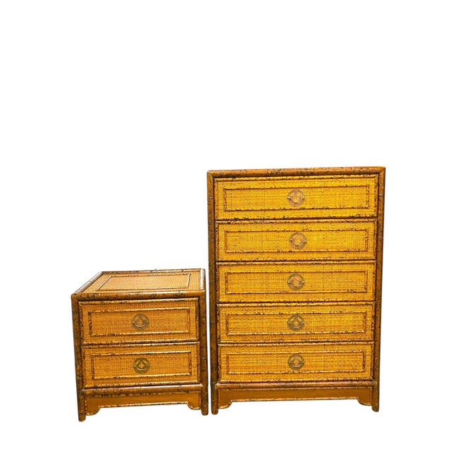 British Colonial Tortoiseshell Bamboo Chest & Nightstand, China Export, C. 1970s For Sale - Image 9 of 10