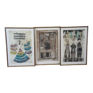 1970s Mary Davis Abstract Color Engravings Late Starters Windows Trang 40" - Set of 3