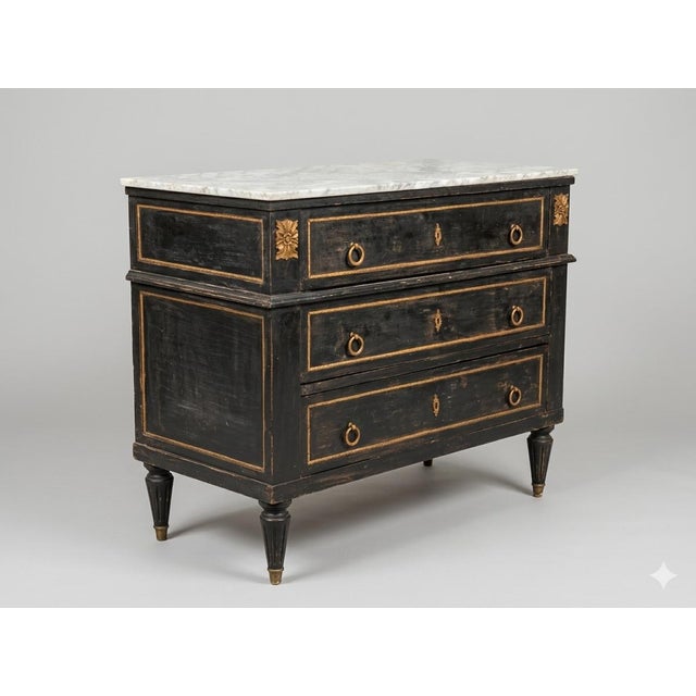 French Antique French Louis XVI Style Marble Top Commode Chest - Ebonized Black & Gold For Sale - Image 3 of 7