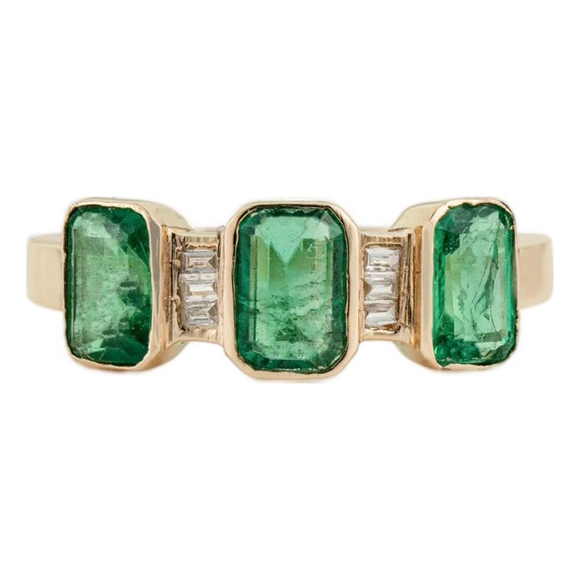 Natural Zambian Emerald Three Stone Ring With Diamond Accents in 14k Gold Size 5 For Sale