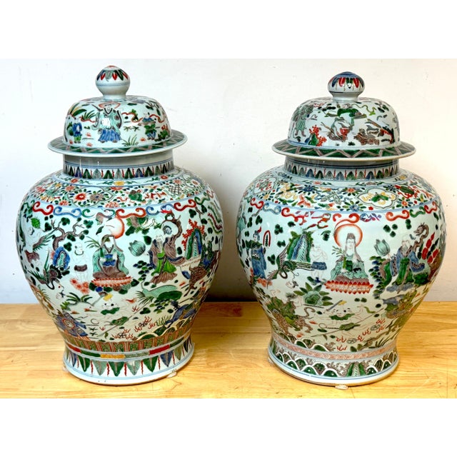 Pair Monumental Chinese Famille Verte Buddhist Ginger Jars, Late Qing Dynasty For Sale - Image 17 of 18