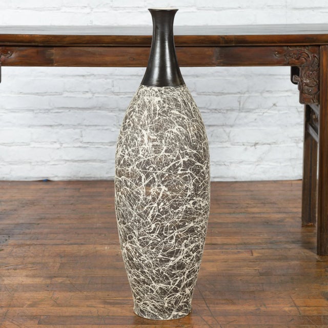 Contemporary Tall Artisan Prem Collection Black Neck & White Dripping Décor Vase For Sale - Image 10 of 13