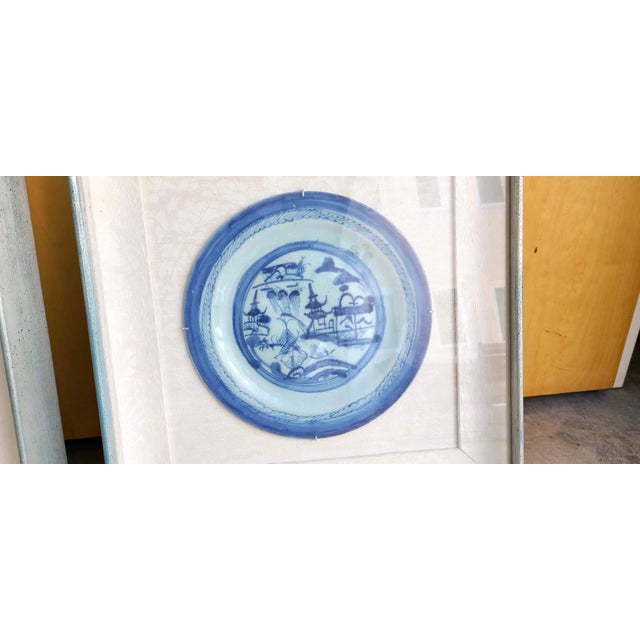 Japanese Charming 18th Century Pair of Canton Blue and White Ceramic Plates - Framed For Sale - Image 3 of 9
