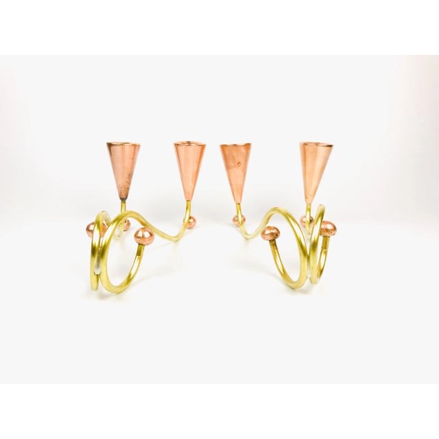 Mid-Century Modern 1950s Vintage Mid-Century Modernist Brass + Copper Scrolling Conical Candelabra - a Pair For Sale - Image 3 of 6