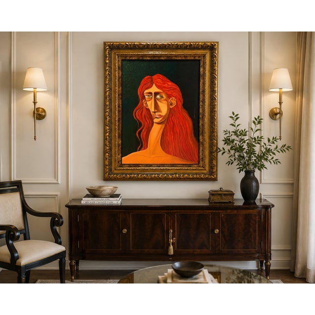A compelling original oil on canvas by artist Carlos Comesañas (b. 1952), depicting a striking red-haired woman with an...