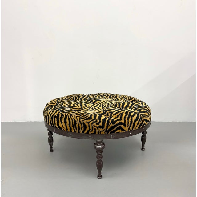 Vintage Tiger Print Tufted Ottoman For Sale - Image 4 of 7