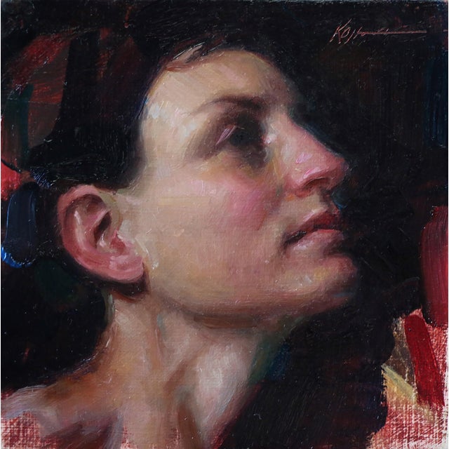 This oil on panel work captures the contemplative expression of a woman, her profile illuminated by subtle light that...