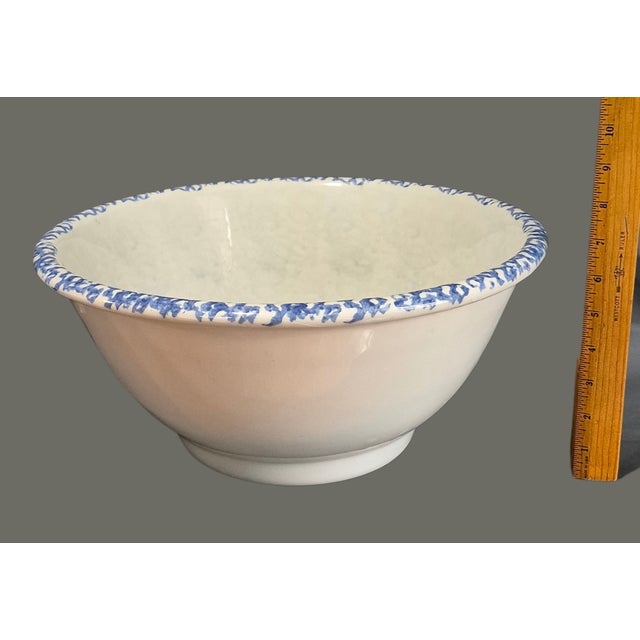 Late 20th Century Vintage Large Italian Ceramic Pasta Bread Dough Bowl Blue Spongeware Rim For Sale - Image 5 of 11