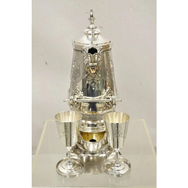 Victorian Late 19th Century Victorian Racine Silver Plated Tilting Lemonade Water Pitcher on Stand W/ 2 Goblets For Sale - Image 3 of 15