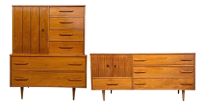 Vintage Mid-Century Modern Bedroom Set - Gentleman's Chest Highboy & Sculpted Pull Credenza Dresser, 1960s, 2 Pieces