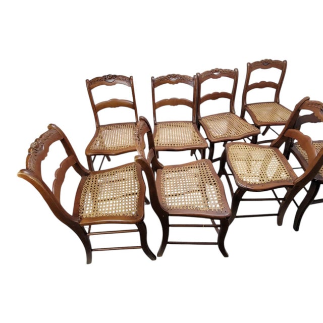 19th Century Set of 8 Antique 19th C Victorian Maple Dining Chairs Hand Carved Cane Seats For Sale - Image 5 of 18