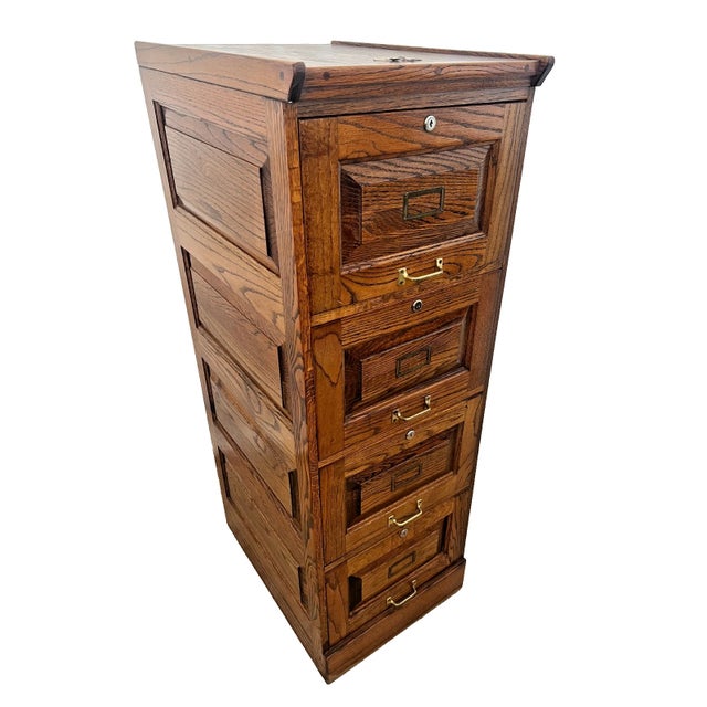 Gorgeous Vintage Dark Tiger Oak File Cabinet with Four smooth sliding Locking Drawers with two keys, Paneled Sides Legal...