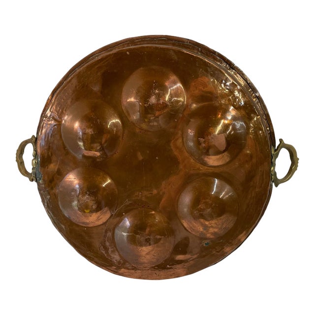 Vintage French Large Copper Egg Poacher With Brass Handles For Sale