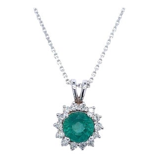 Natural Emerald Diamond Pendant with Chain 14k White Gold 2 TCW Certified For Sale