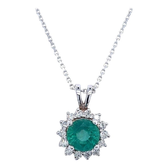 Natural Emerald Diamond Pendant with Chain 14k White Gold 2 TCW Certified For Sale