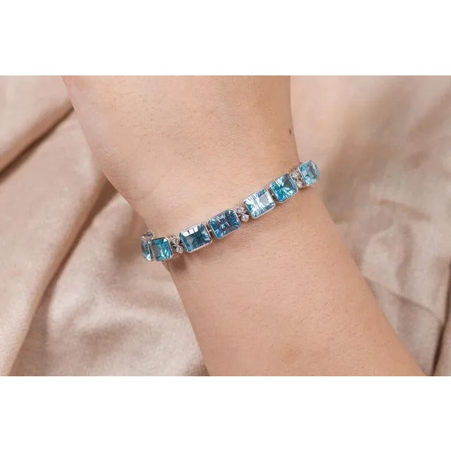 Not Yet Made - Made To Order 18 Karat White Gold Diamond and Fine Cut 40 Carats Blue Topaz Tennis Bracelet For Sale - Image 5 of 10