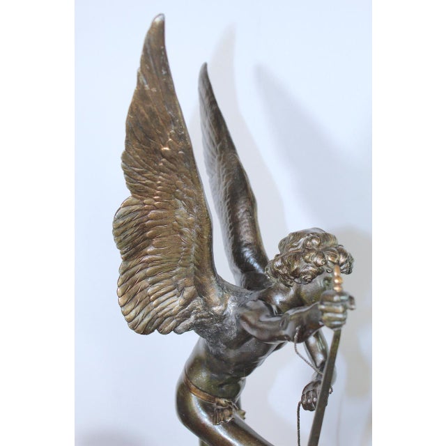 Ebony Antique French 1896 “Amour Irresistible” Angel Statue Pink Marble 3-Piece Clock Set For Sale - Image 8 of 17