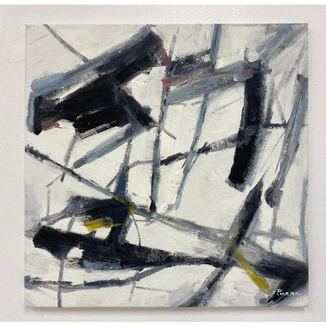 Beautiful contemporary abstract oil painting on canvas - shades of black, grey, white, cream. Size is 24"x24".