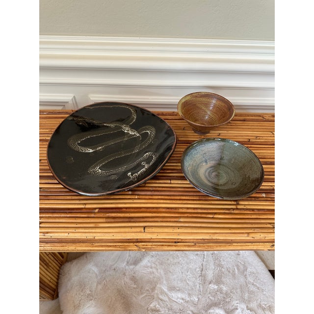 Olive Vintage 1970’s Signed Colorblocked Studio Piece in Brown Terracotta With Olive Green & Taupe With Blue Glaze For Sale - Image 8 of 12