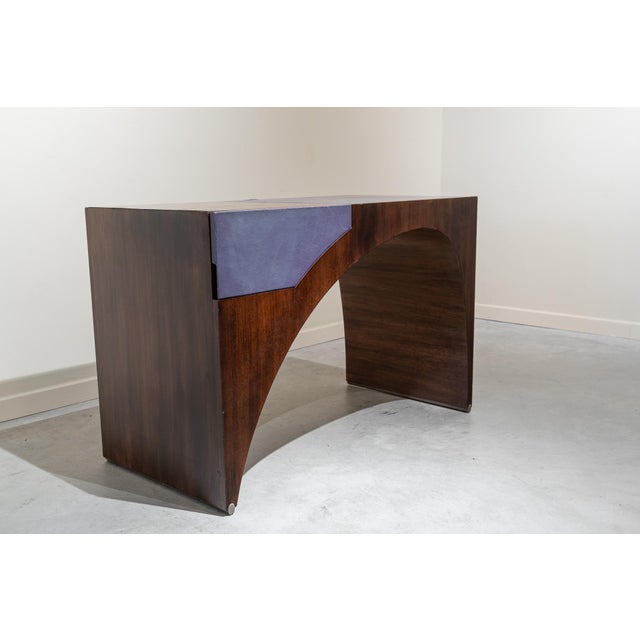 Postmodern French Postmodern Dressing Table in Walnut Wood and Lilac Leather., 1980s For Sale - Image 3 of 16
