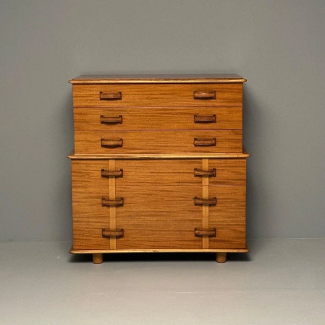 Paul Frankl, Rare Station Wagon Highboy Dresser, Rock Maple, Leather, USA, 1950s Paul Frankl for Johnson Furniture Co. and...