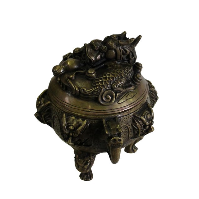 Chinese Brown Dragon Head Lid, Dragons Bronze Incense Burner For Sale - Image 4 of 7