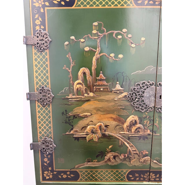 Chinoiserie Vintage Alexander Bros. Green Asian Lacquered Bar Cabinet/Cupboard on Barley Twist Stand For Sale - Image 3 of 12
