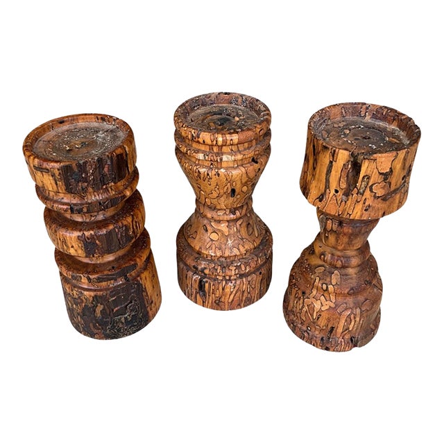 Set of 3 Vintage Carved Wood Free-Standing Candlesticks For Sale