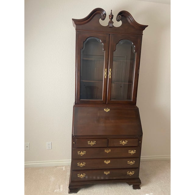 Vintage Exquisite Ethan Allen Georgian Court Cherry Drop Front Secretary Desk With Curio/Bookcase Top For Sale - Image 12 of 12