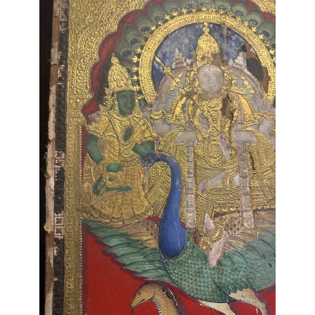 19th C Indian Thanjavur Tanjore Painting Gold Gilt Murugan on His Peacock Antique Multimedia Collage South India For Sale - Image 15 of 16
