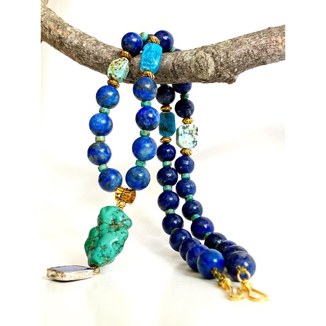 One-of-a-Kind Lapis Lazuli & Turquoise Statement Necklace | Vintage Turquoise Pendant | Artisan Bohemian Luxury Jewelry For Sale - Image 9 of 17