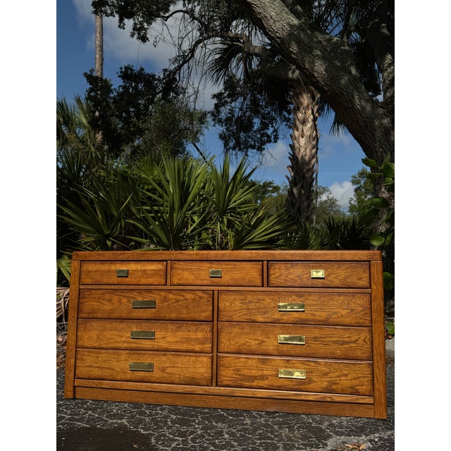 1970s Vintage Stanley Furniture Mid-Century Modern Oak Lowboy Dresser With Brass Hardware For Sale - Image 5 of 9