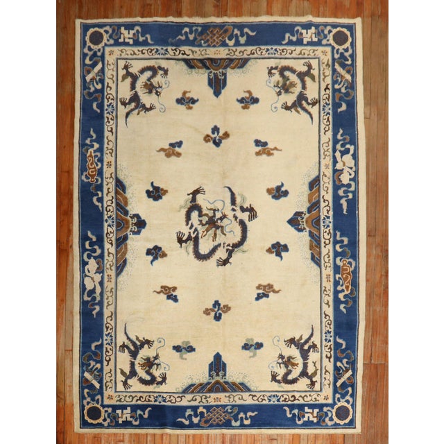 Zabihi Collection Ivory Antique Chinese Dragon Rug - 7'3" x 9'7" For Sale - Image 4 of 12