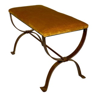 Vintage Spanish Gilt Iron Bench in Gold Velvet For Sale