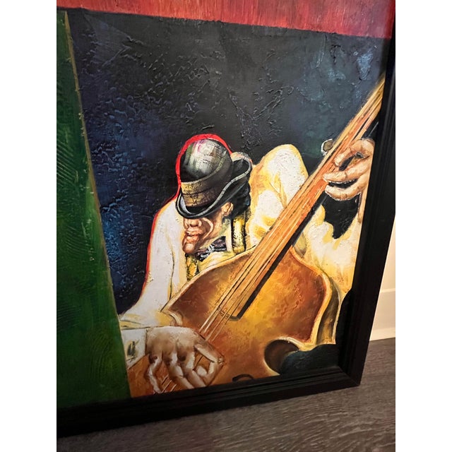 This is a vivid expressionistic painting of a pair of jazz musicians with a bold, color blocked background. The trumpeter...