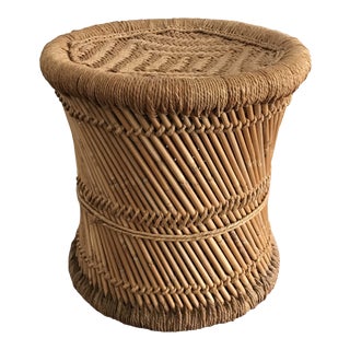 Vintage Boho Chic Pencil Bamboo and Woven Jute Accent Table For Sale