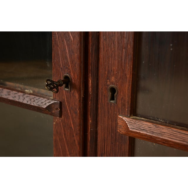 Stickley Brothers Style Antique Mission Oak Arts & Crafts Glass Front Triple Bookcase, Circa 1910 For Sale In South Bend - Image 6 of 11