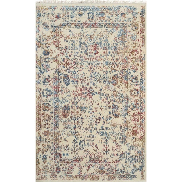 Contemporary 5x8 Ivory Machine Made Wool Viscose Faded Floral Border Geometric Carpet Rug For Sale - Image 3 of 4