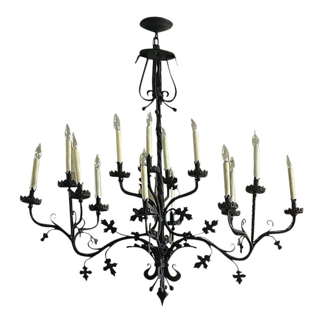 Mid 20th Century Large Mid-Century Wrought Iron Chandelier With Leaf Details For Sale
