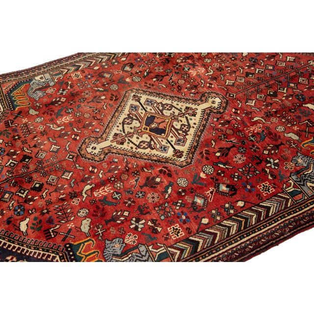 Persian 1940s Designed Persian Shiraz Handmade Wool Rug in Red For Sale - Image 3 of 9