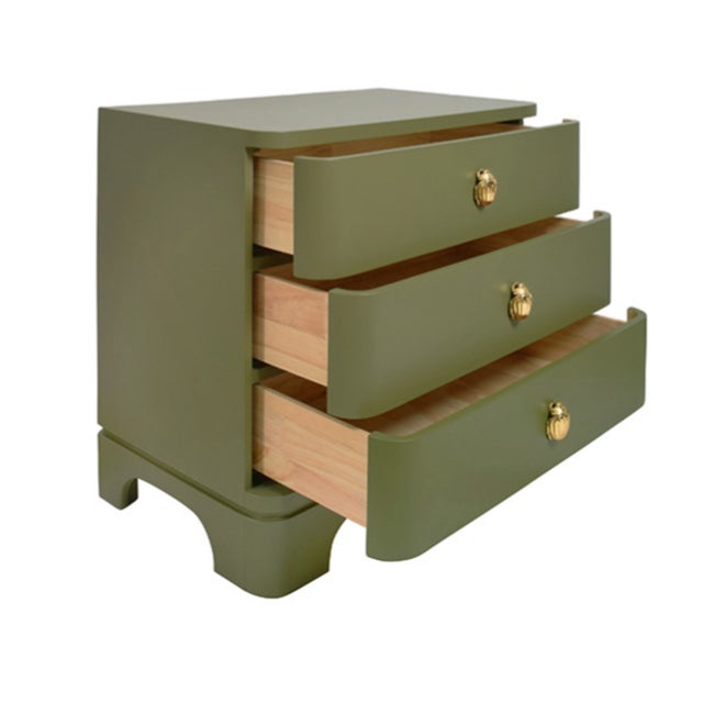 Wood Matthew Izzo Home Fortune Olive Matte Lacquer Three Drawer Side Table With Brass Beetle Knobs For Sale - Image 7 of 11