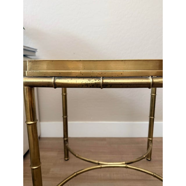 Vintage Brass Faux Bamboo Side Table With Glass Tray Top | Hollywood Regency End Table For Sale - Image 10 of 11