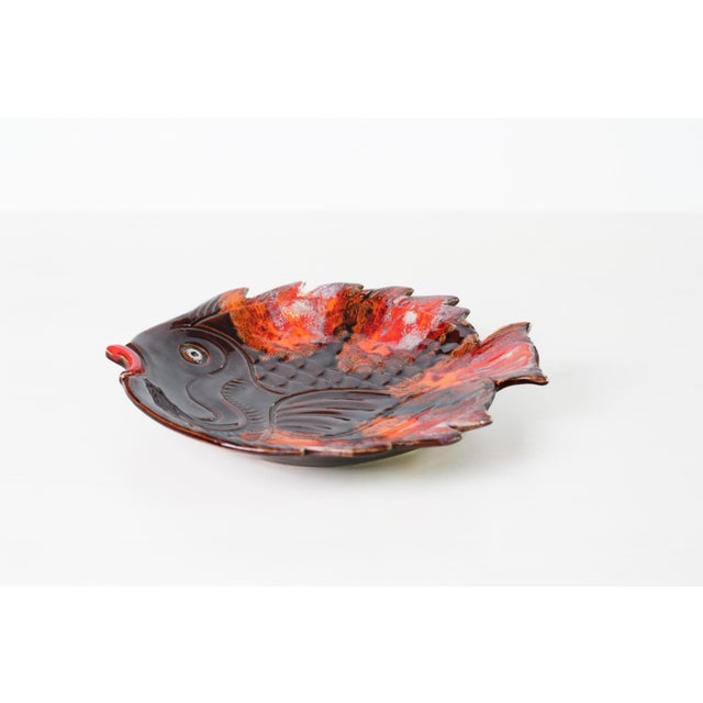 French Mid 20th Century Vallauris French Pottery Fish Platter in Orange and Brown Glaze For Sale - Image 3 of 16