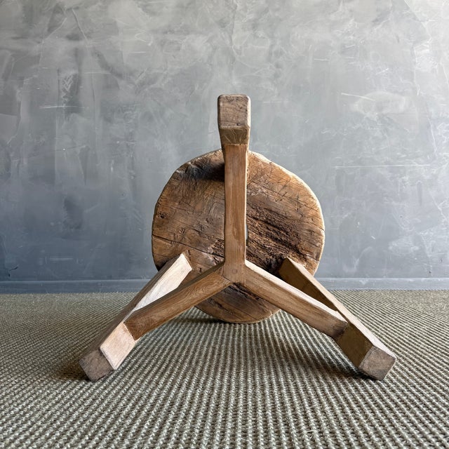 Wood Vintage Elm Wood Wheel Side Table #C89 For Sale - Image 7 of 8