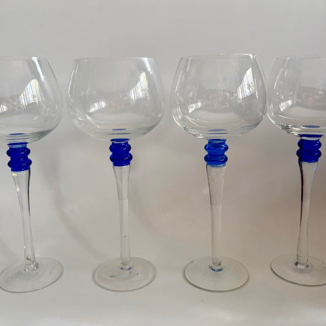 Glass Vintage Wine Glasses With Cobalt Blue Beehive Stem Detail – Set of 6 For Sale - Image 7 of 11