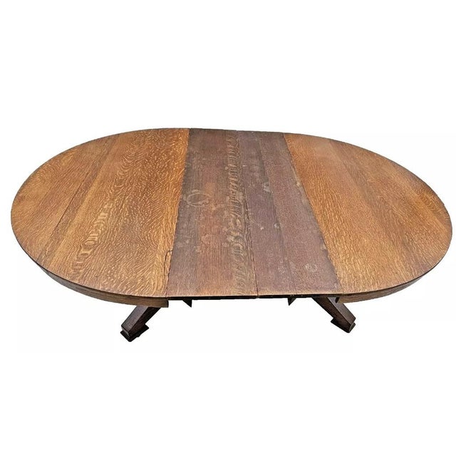 Antique 1910s Mission Quarter Sawn Oak Round Dining Table – 2 Leaves, Split Base For Sale - Image 11 of 12