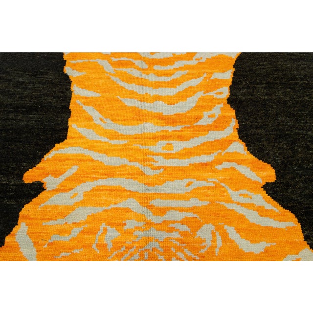 Black and Orange Handmade Wool Rug With a Tiger Design For Sale - Image 9 of 10