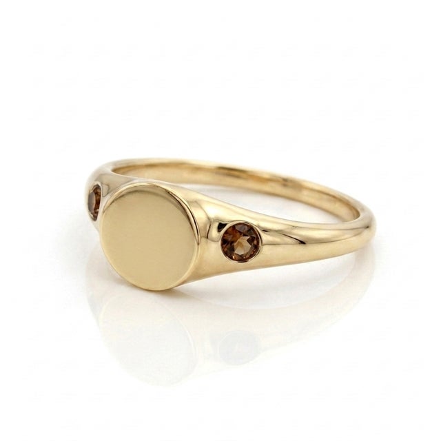 Contemporary Smokey Quartz Flush Set Signet Ring | Minimalist Engraved Initial Disc Ring | Unisex Modern Statement Ring Us 7 For Sale - Image 3 of 3